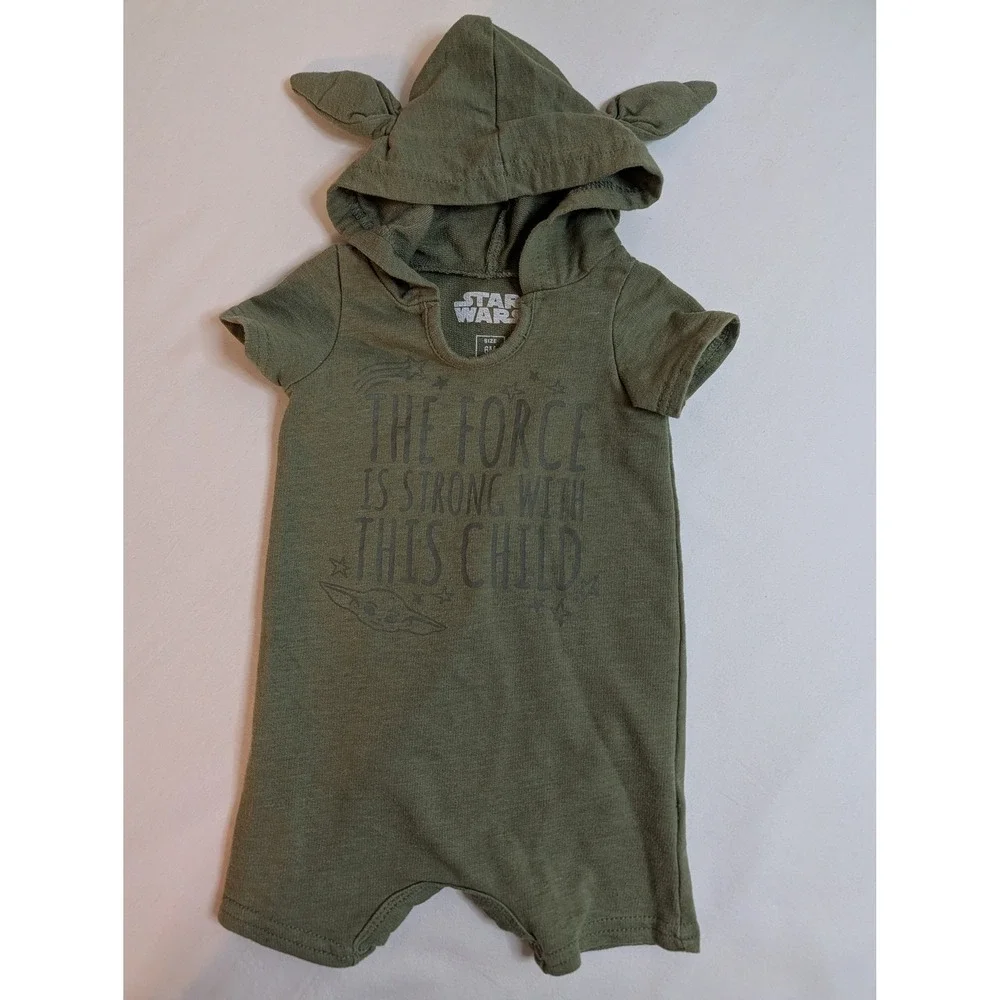 Star Wars Grogu Baby Yoda Hood Romper Olive Green 6M The Force Is Strong 3D Ears